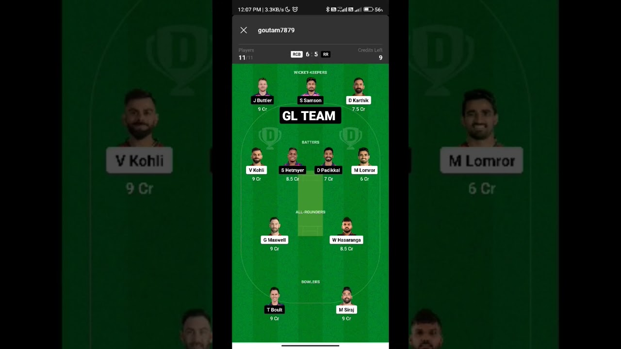 RCB vs RR GL Dream11 Team I RCB vs RR Dream11 Team Prediction | RCB vs RR Dream 11 Team Today Match