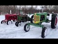 Old Iron In The Snow. Winter Tractor Drive with a Farmall H, John Deere B, Oliver Row Crop 77