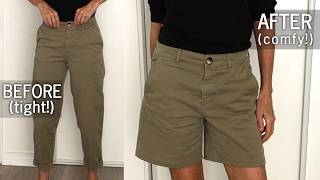 DIY PANTS REFASHION : Upcycle tight pants into comfy shorts
