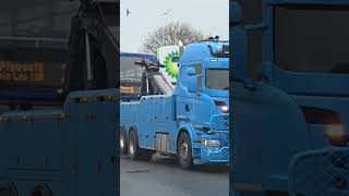 Field Services Scania towing Bluestar Scania Omnidekka with mega tones leaving Ivybridge 16/03/26