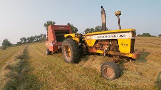 Mowing, Raking, and Baling Hay Hesston 565A and Minneapolis Moline G1000