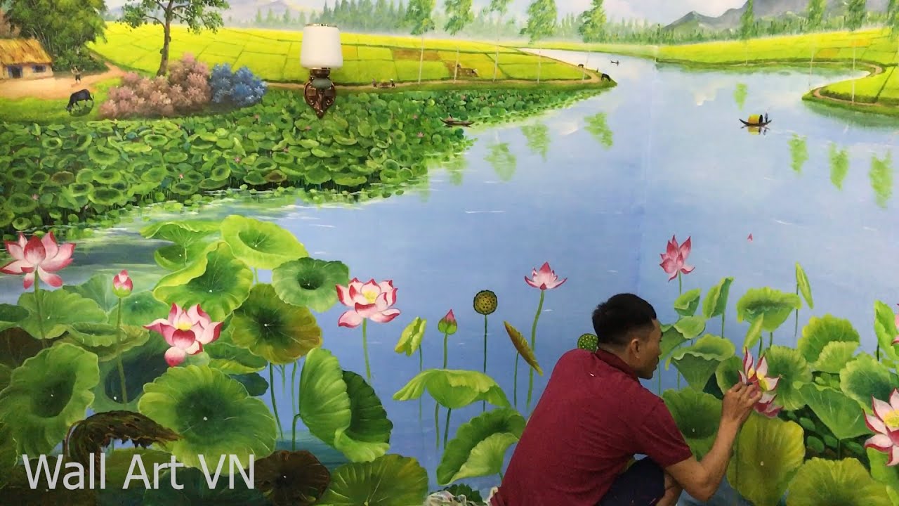 Vẽ Tranh Tường Phong Cảnh Đồng Quê - Vẽ Đầm Sen Quanh Căn Phòng - Mural  Painting - Wall Art VN - YouTube