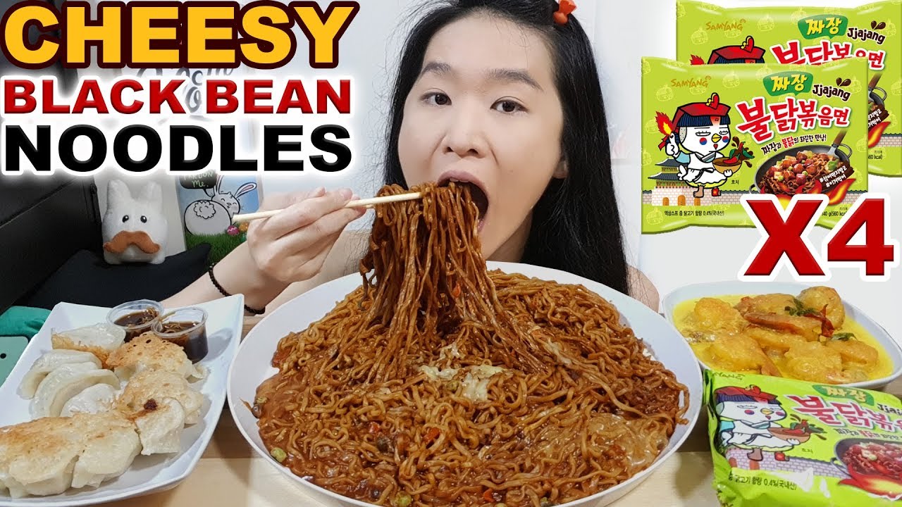 CHEESY FIRE BLACK BEAN NOODLES!! Dumplings & Creamy Butter Prawns Spicy Ramen Eating Show