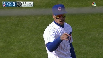 LAD@CHC: Baez starts double play with leaping catch