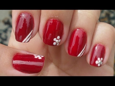 Unhas Decoradas Express Vermelho Provocante com Flor de Poá Manual Bela e Simples