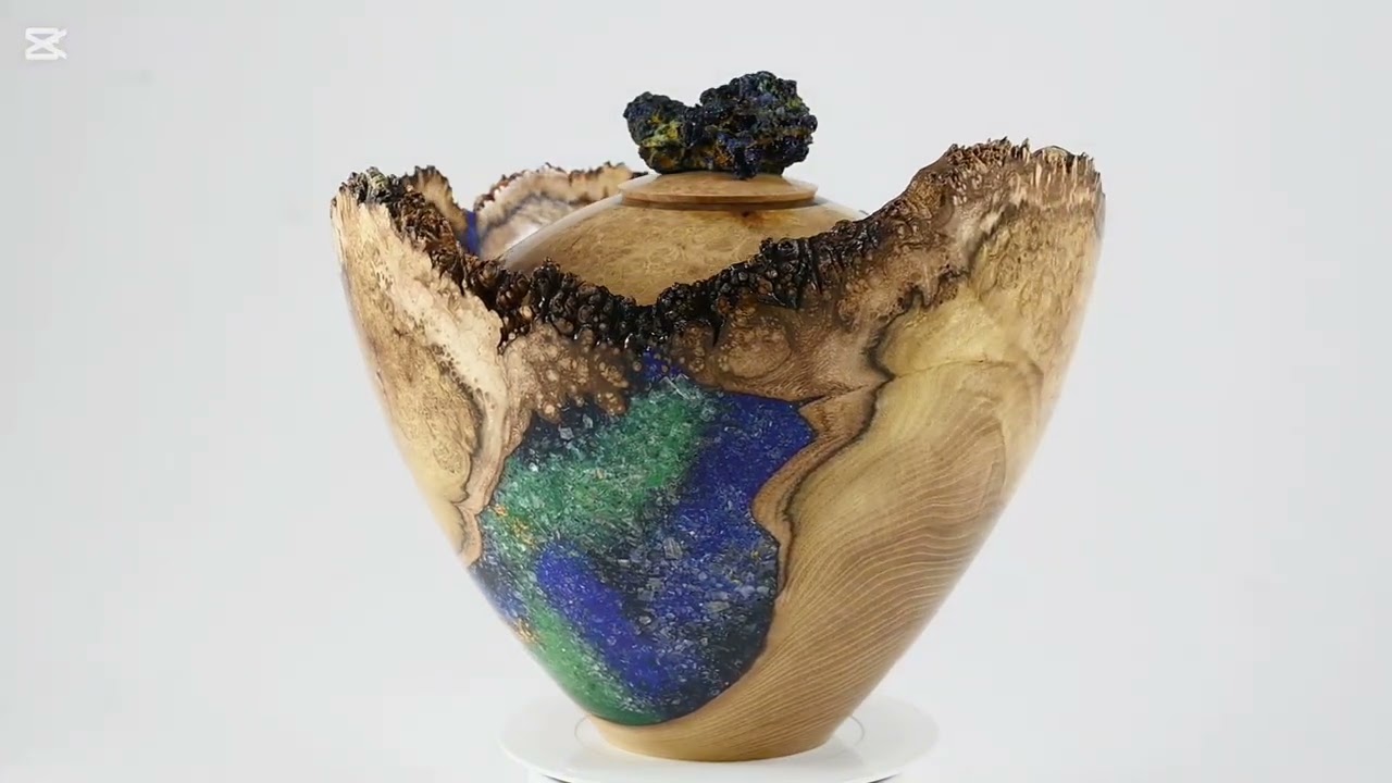 Large urn handmade Black Locust Burl urn with Blue/green minerals and gold and Azurite/Malachite lid