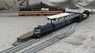 JR EF66形電気機関車寝台特急あさかぜ+オハネ25 100形+JR客車オハネフ25 1000形ソロ+オハネフ25 100形と国鉄ED62形電気機関車が、エンドレールを走行！故障する EF66形！