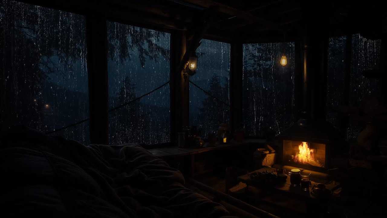 Fireplace & Rain Sounds in a Wooden Cabin | Night Ambience for Sleeping