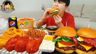 ASMR MUKBANG | CHEESE BURGER, Cheese stick, Fire Noodles, fried chicken, onion ring recipe ! eating