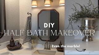 Full DIY Half Bath Makeover | DIY marble countertop & wallpaper! Update