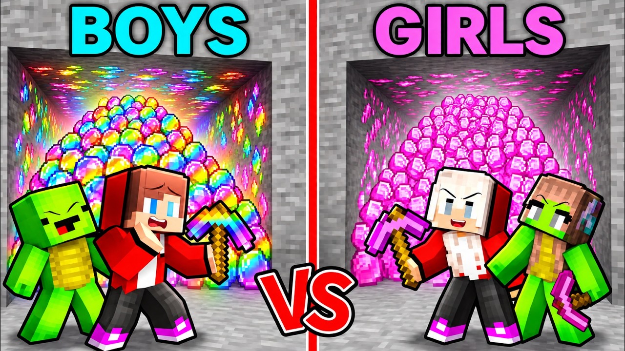JJ and Mikey: BOYS vs GIRLS EPIC MINE BATTLE in Minecraft (Maizen)