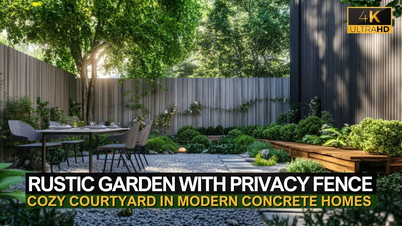 Стильный городской отдых: деревенский сад с ограждением и двориком в современных бетонных домах