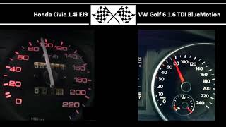 Honda Civic 1.4i EJ9 VS. VW Golf 6 1.6 TDI BlueMotion - Acceleration 0-100km/h