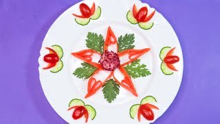 Elegant Garnish of Carrot, Red Radish & Tomato Lotus with Cucumbers Designs *DIY