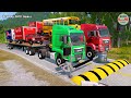 Double flatbed trailer truck cars vs rails tractor vs train cars vs bollards beamng drive 343