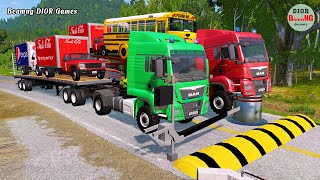 Double Flatbed Trailer Truck cars vs rails tractor vs train cars vs bollards Beamng Drive 343 screenshot 3