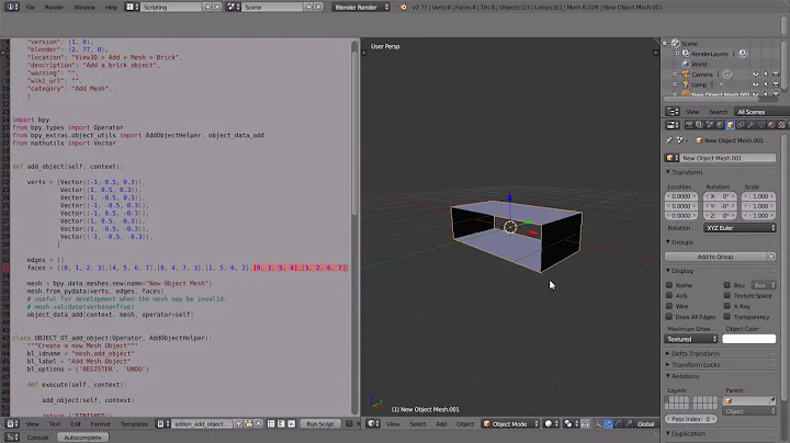 Create a New Mesh Object Using Python Code and Add It to the Mesh Menu, A Blender Scripting Tutorial