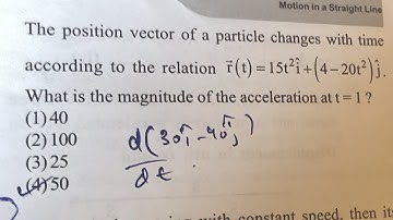 The position vector of particle changes with time r(t)=15t^2icap+(4-20t^2)jcap what is magnitude ?