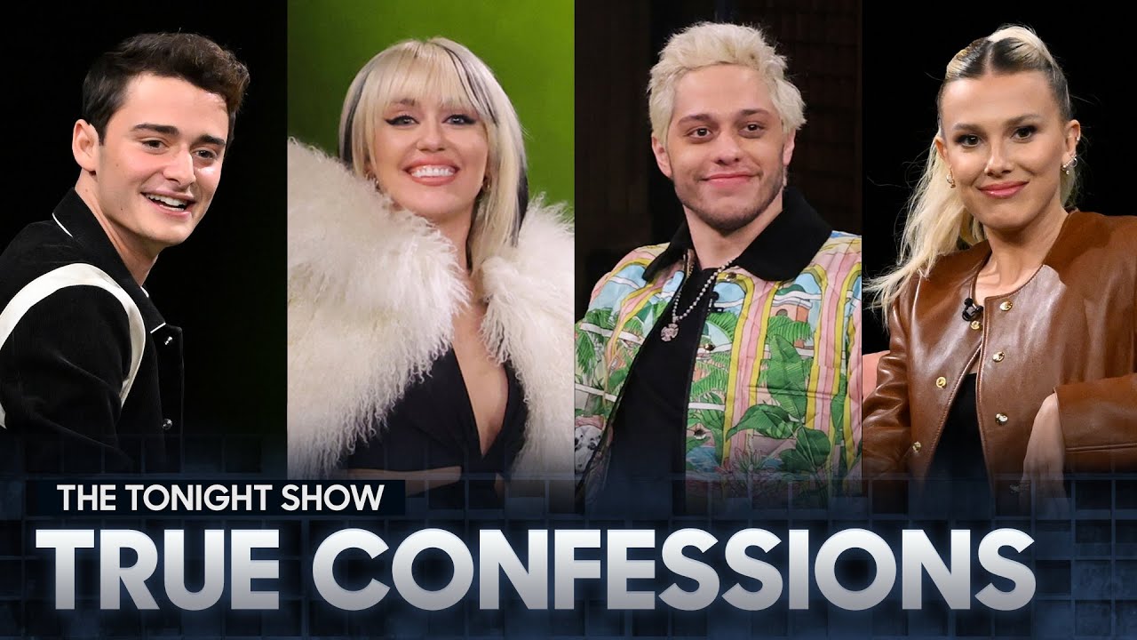 ⁣Tonight Show True Confessions with Miley Cyrus, Pete Davidson, Millie Bobby Brown and Noah Schnapp