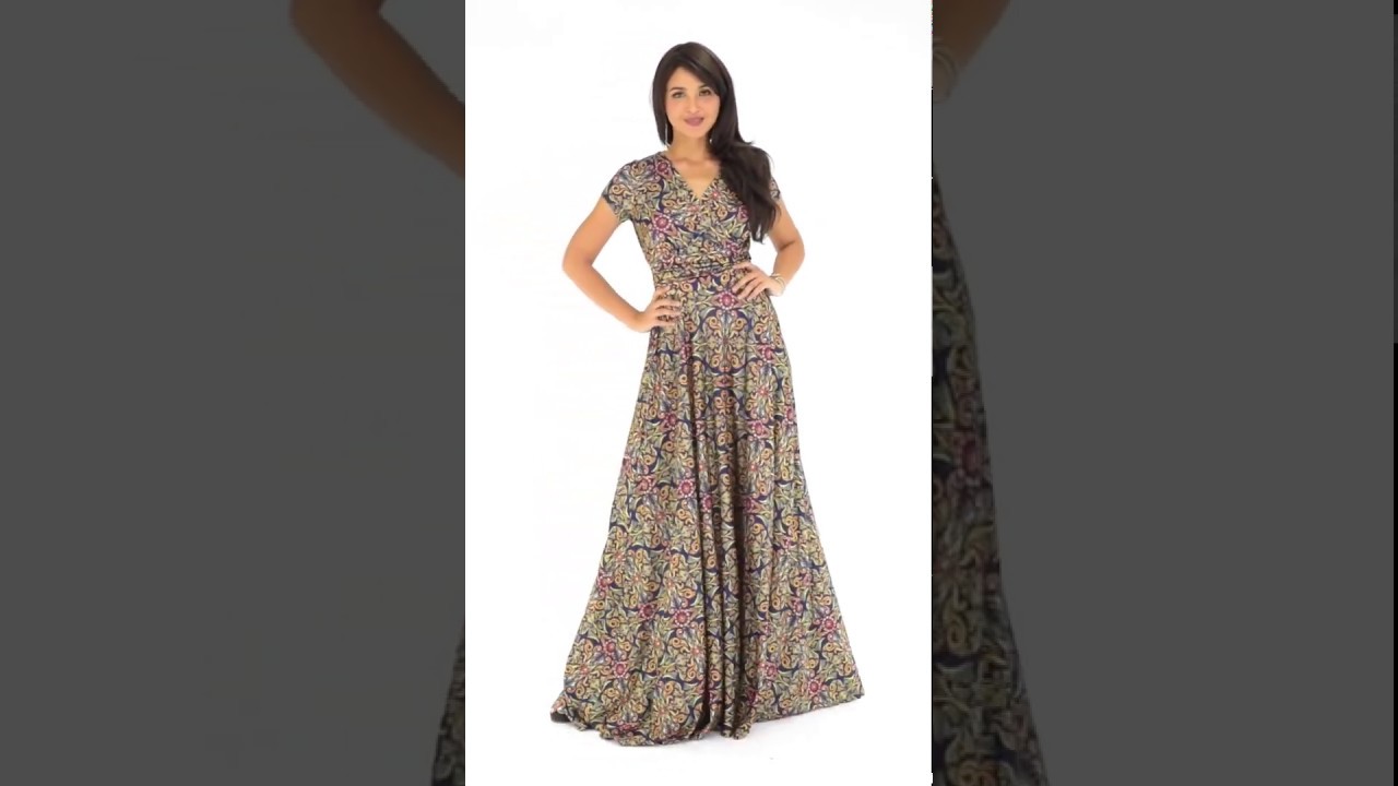 MILA - Long V-neck Damask Print Short Cap Sleeve Flowy Maxi Dress Gown