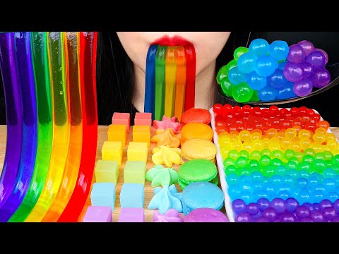 ASMR RAINBOW DESSERT 무지개 디저트 먹방 咀嚼音 JELLY NOODLES, POPPING BOBA, CUBE CHEESE, MACARON MUKBANG