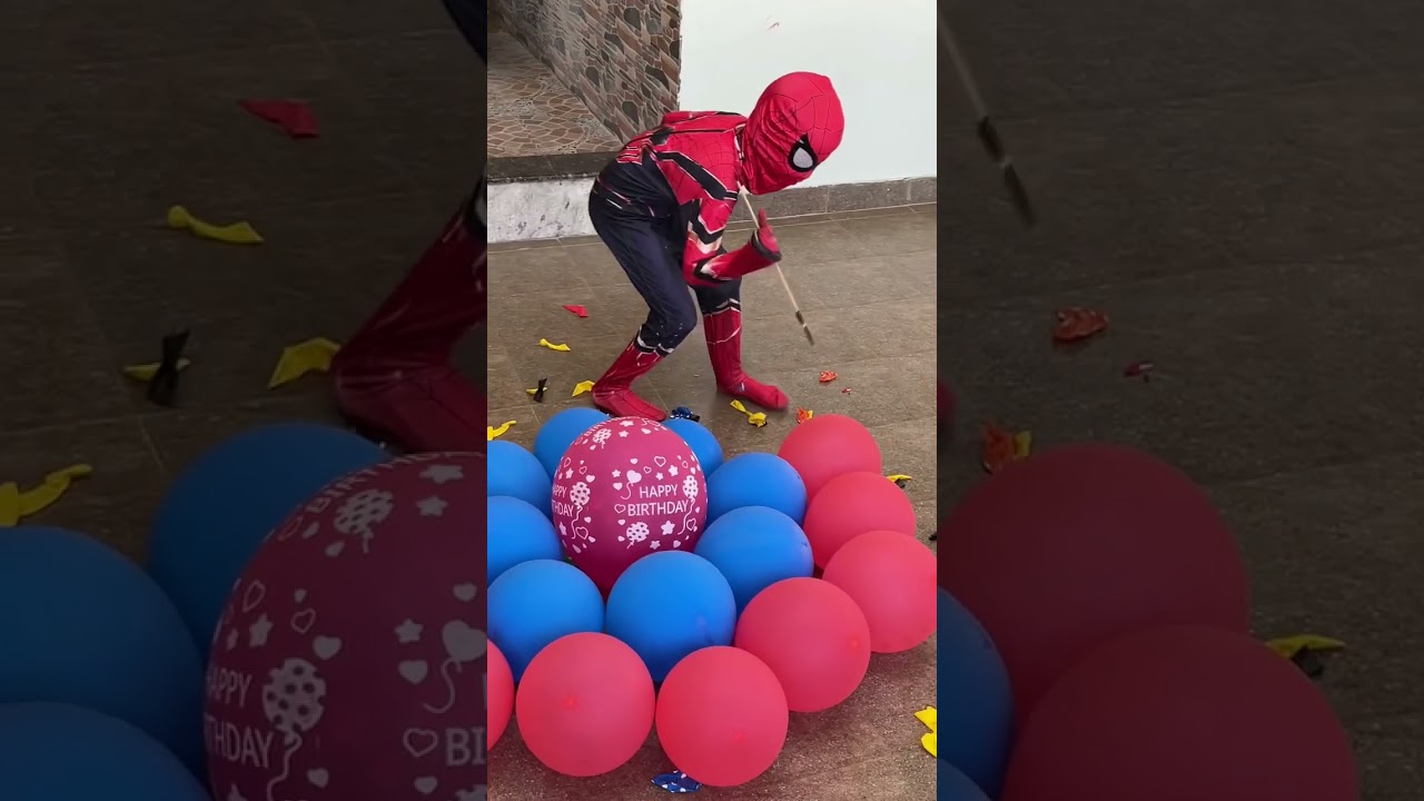 Super hero spider man popping balloons skill