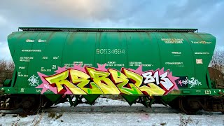 Graffiti bombing, freight train. Tagging, throwups and pieces. Rebel813 4K 2023