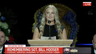 Santaquin, Utah police Sgt. Bill Hooser's daughter, Shayle Terry, speaks at his funeral