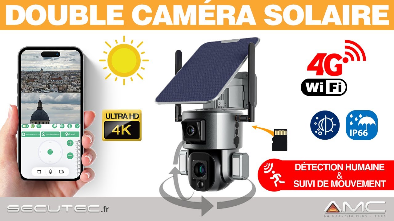 Caméra solaire IP GSM 4G UHD 4MP 2K 128Go inclus waterproof Infrarouge  accès à distance via iPhone Android