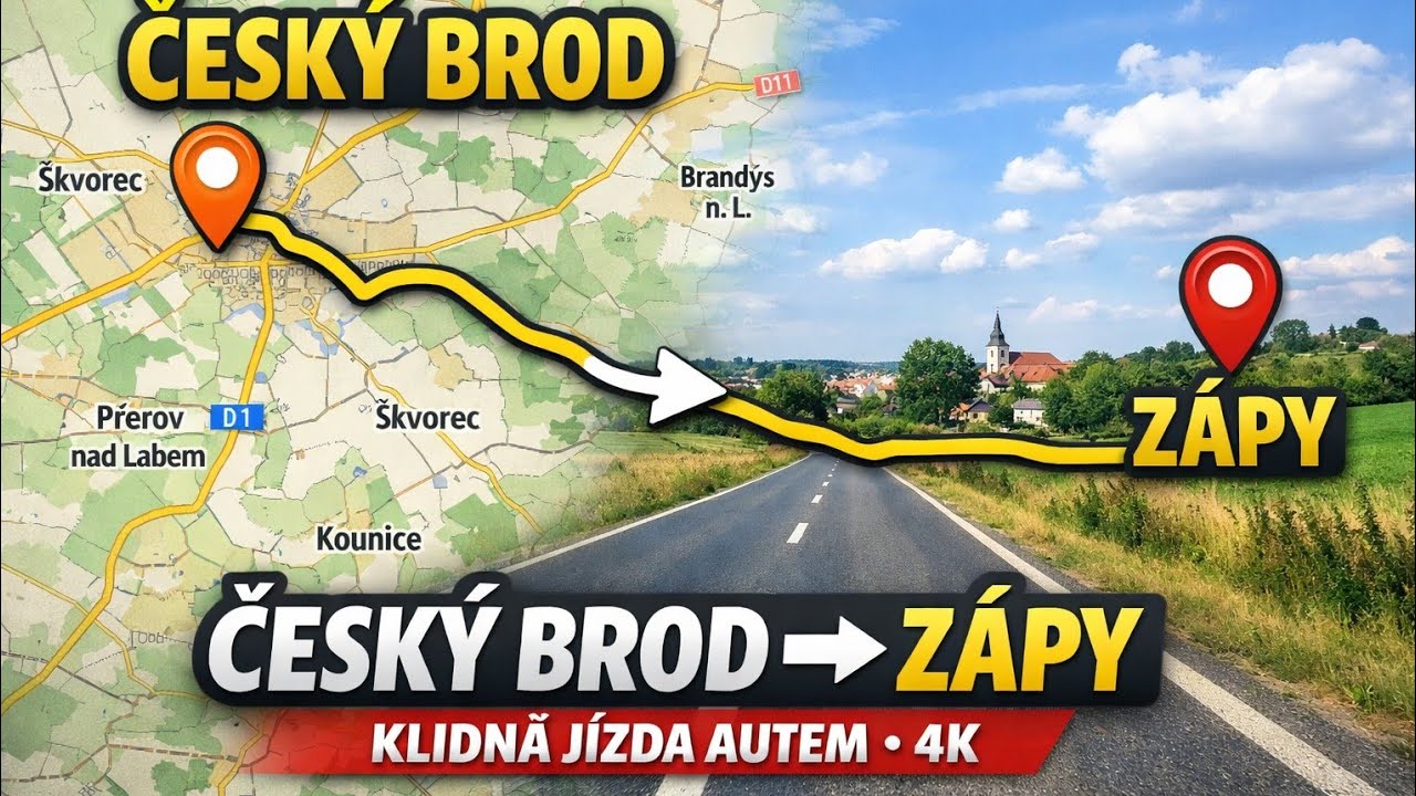 🚗 Český Brod → Zápy | Klidná jízda autem | 4K | Bez komentáře