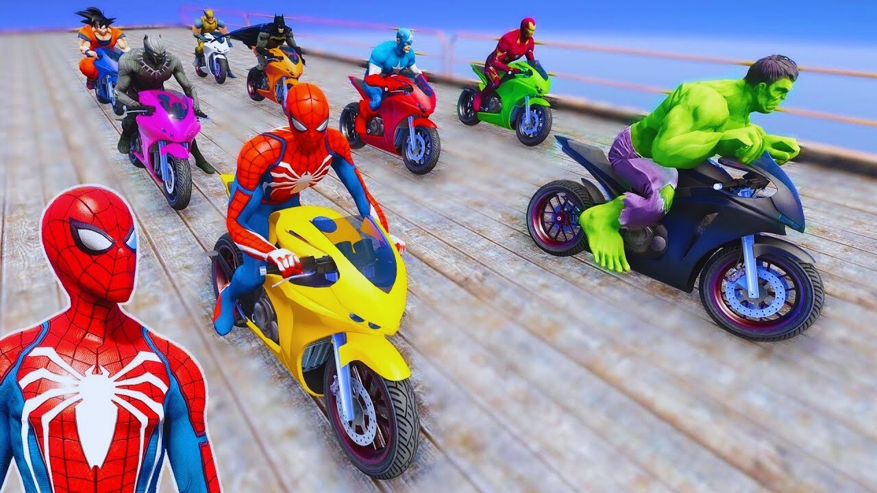 GTA 5 Superhero Bike Race – Spiderman & Goku vs All Heroes in Extreme Parkour!