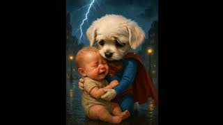 The little Superman dog with a poor baby.sim ua​ sis​ xwb​ nawb​