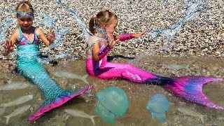 Девочки 🧜‍♀️🧜‍♀️ РУСАЛКИ купаются в море 🌊 ПРЕВРАЩЕНИЕ В РУСАЛКУ Real little Mermaid
