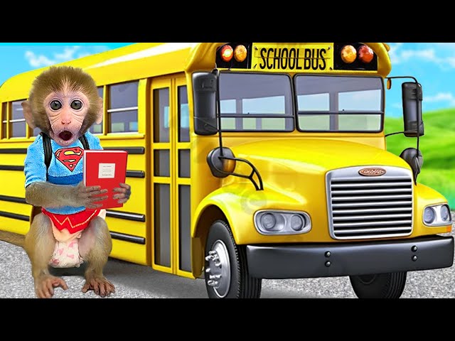 Monkey Baby Bon Bon rides the bus with duckling and  Eats Ice Cream Rainbow with Puppy in the Garden class=