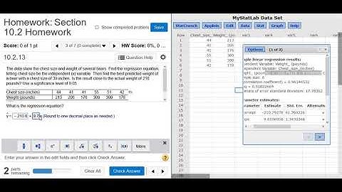 Regression Equation and Predicting the Weight of a Bear with StatCrunch MyMathlab MyStatlab