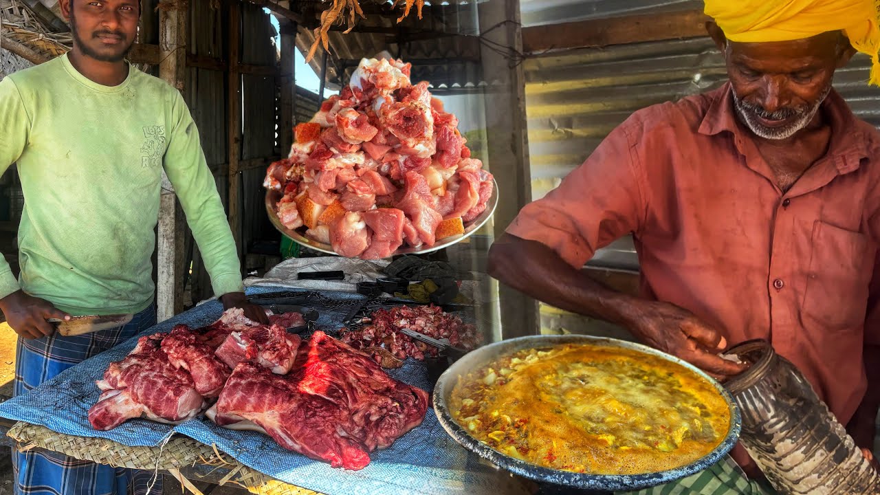🔥Velagoundampatti Famous Poovizhi Shop PORY FRY | Pannikari Varuval | Village style pork cooking