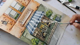 Loose Ink and Watercolor Sketch of Café | Art Vlog | Easy Watercolor Ideas