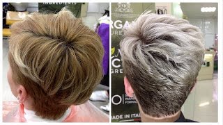 Graphite blond - cold ash shade and darkened roots Bleaching of short hair.
