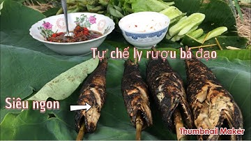 Cá lóc nướng trui gói lá sen non. Tự chế ly rượu có 1 không 2 cực kỳ đọc đáo.