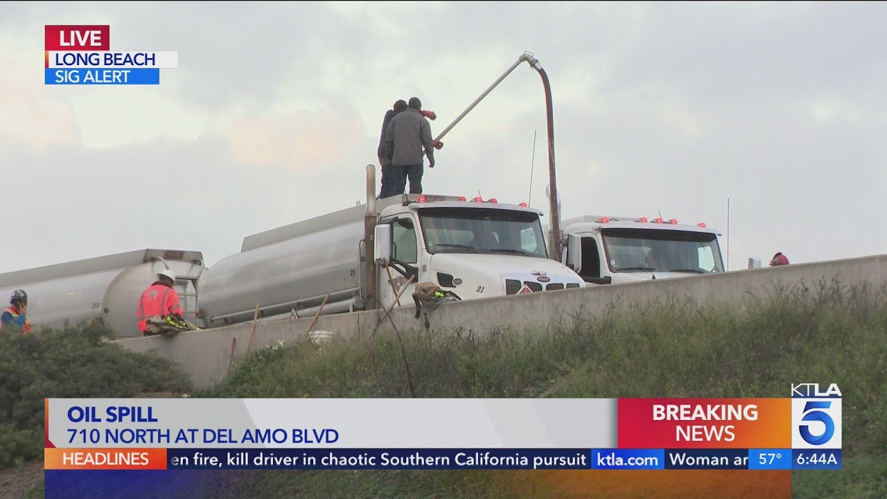 Tanker spills oil on 710 Freeway in Long Beach - YouTube