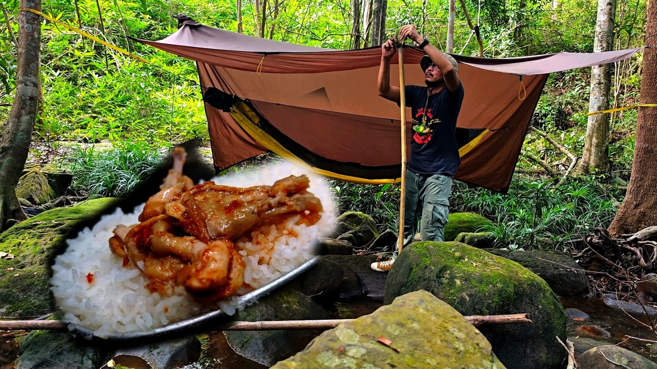 ปีกไก่อบสมุนไพร แขวนเปลนอนในป่าริมธารน้ำปรุงอาหารคนเดียว
