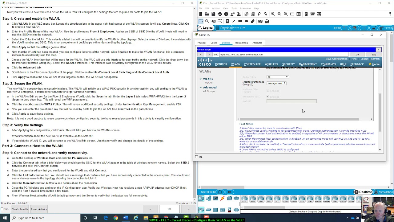 SRWE - 13.2.7 Packet Tracer - Configure a Basic WLAN on the WLC - YouTube