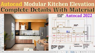 Modular Kitchen Design With  Elevation and Plan And Rendering | AutoCAD 2022 | With Material Details