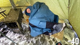 38C EXTREME COLD WINTER CAMPING STORM hits HOT tent. FREEZING wind, FLAMING stove HOT TENT ASMR