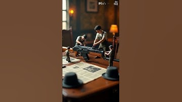 Hyper-realistic macro shot of tiny construction workers assembling a giant Thompson submachine gun