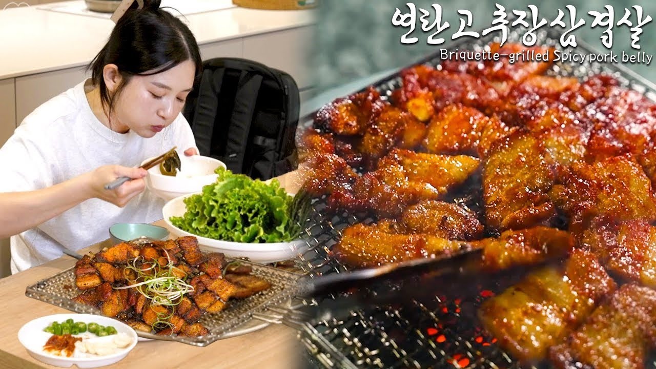 Real Mukbang Briquette grilled Spicy pork belly  soybean paste soup  Real Korean BBQ