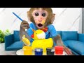 Monkey baby bon bon learns how to draw ducks and eats ice cream with puppy at the pool