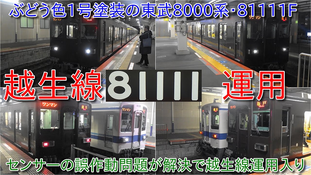 【ぶどう色1号塗装の東武東上線8000系ワンマン車81111Fがついに越生線に運用、しばらくは小川町～寄居間朝のみ運用だった】越生線のセンサーの誤作動問題で越生線不可だった