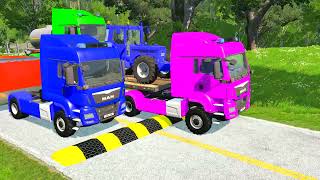 Flatbed Trailer Cars Transportation with Truck - Speedbumps vs Cars vs Train - BeamNG.Drive #007