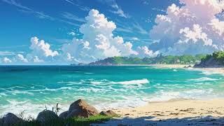 1 Hour Anime Seaside Ambience  White Sand Beach, Palm Trees & Clear Ocean in Makoto Shinkai Style screenshot 2